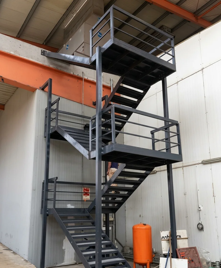 Escada industrial em aço com patamares